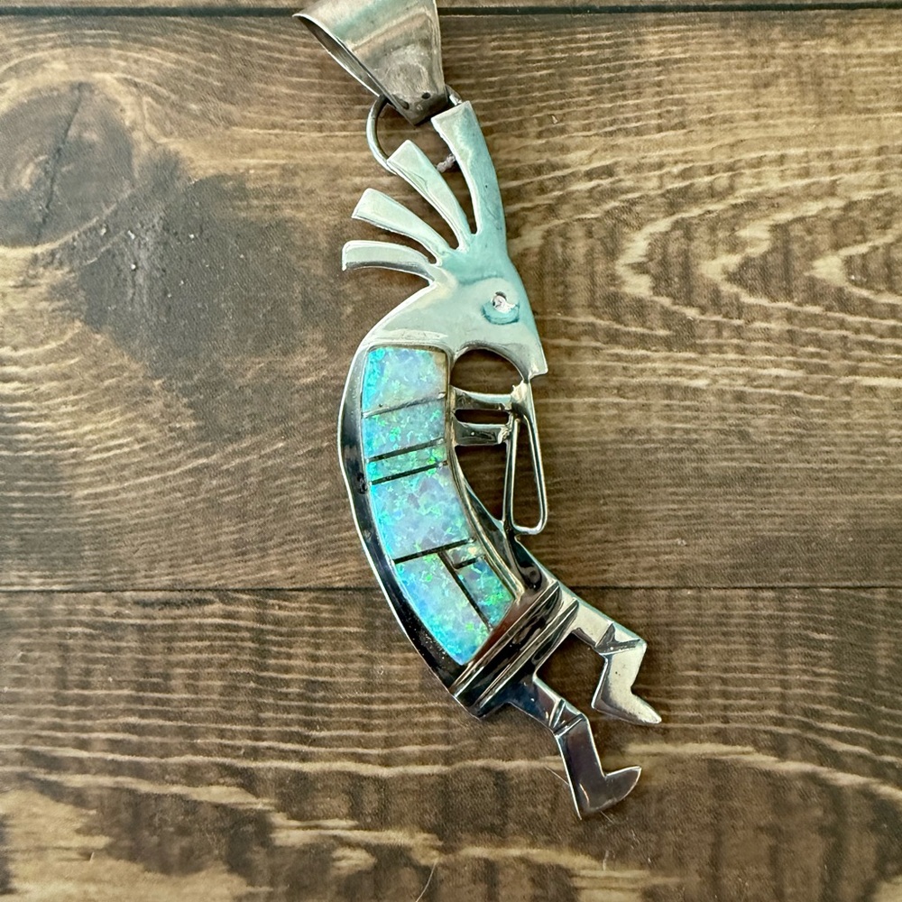Sterling Silver Kokopelli Pendant with Opal Inlay Signed